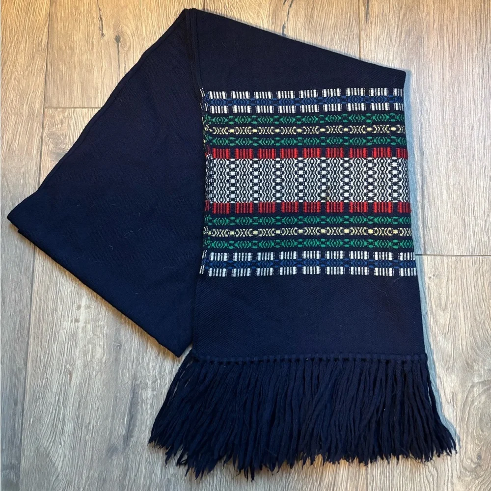 Wool Navy Patterned Scarf Wrap Handmade Fringe Cozy Winter Hygge Oversized - Picture 2 of 8